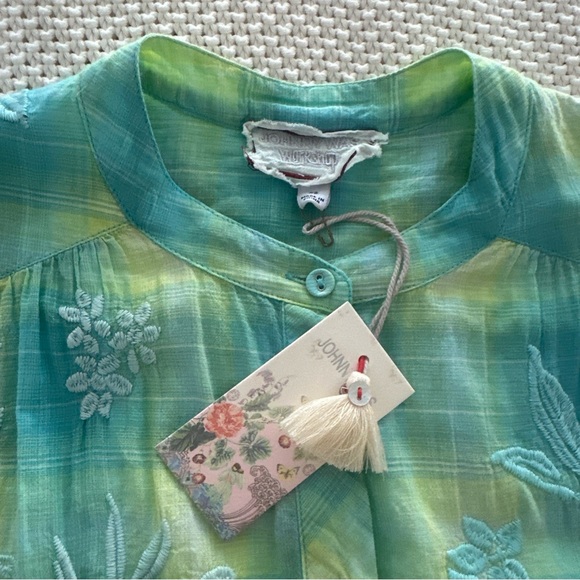 Johnny Was Turquoise and Lime Plaid Hazel Shirred Yoke Blouse XS NWT - Picture 5 of 8